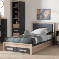 Baxton Studio BR990051-Dark Grey/White Oak-Twin Pandora Modern and Contemporary Dark Grey and Light Brown Two-Tone 2-Drawer Twin Size Storage Platform Bed